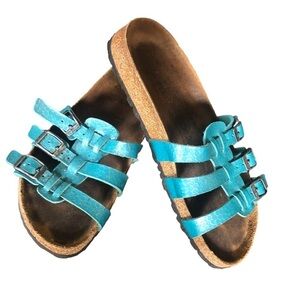 Birkenstock Birki” Xenia Teal Snakeskin Slip On Sandals Sz 38/7 Triple Buckle